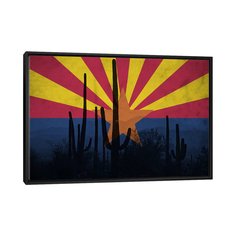 Drapeau de l'Arizona, Cactus grunge, impression sur toile, H 18 po x l 26 po x P 1,5 po, Toile avec cadre noir, Pas de tapis