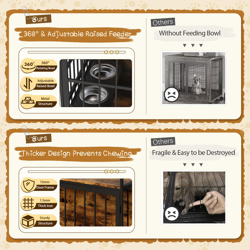 Large Heavy Duty Dog Crate Furniture with Two Platforms - Double-Doors, Chew-Proof Kennel with Storage & Decorative Design