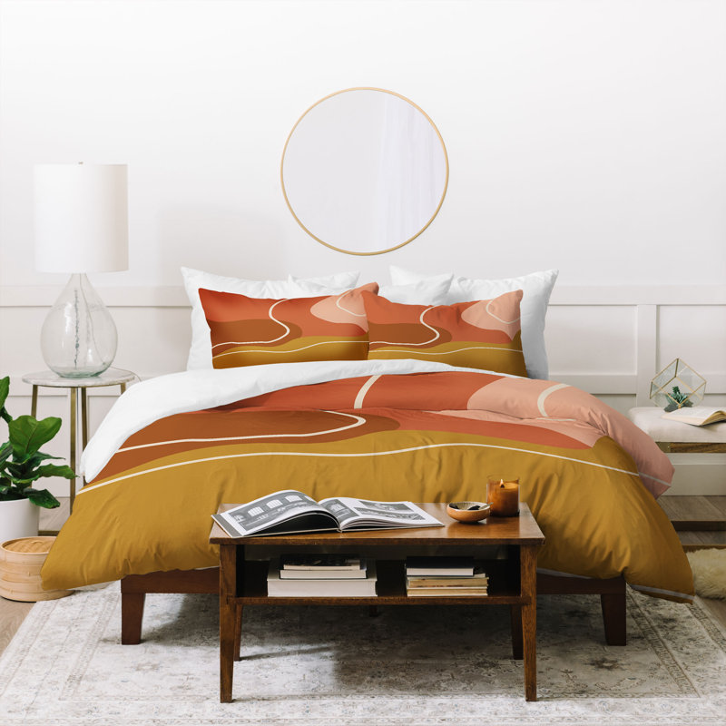 June Mid-Century Modern Polyester Abstract Duvet Cover, Queen Duvet Cover + 2 Shams