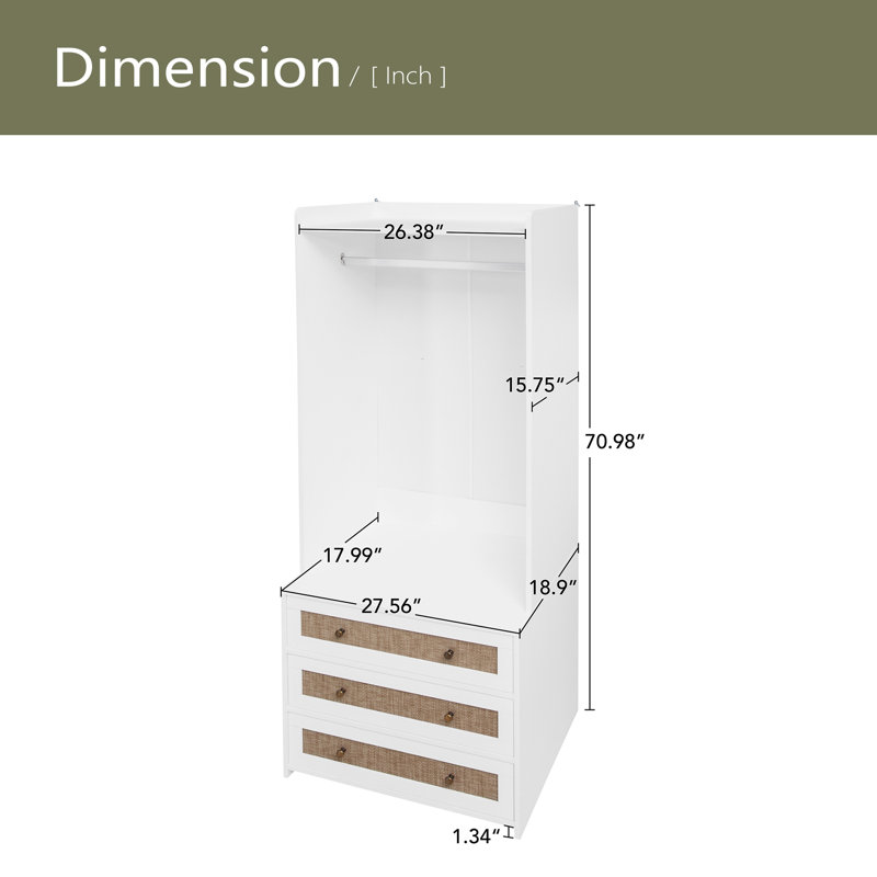 Armoire-penderie à 3 tiroirs avec rotin pour le salon, la chambre à coucher