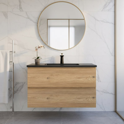 Claren 36-inch W x 19-inch D 2-Drawer Wall-Mounted Bathroom Vanity with Single Sink and Black Engineered Quartz Countertop