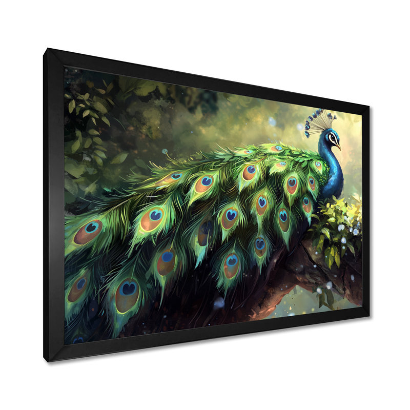 Royal Peacock Feather Show I - paon, art mural, H 30 po x l 40 po, Cadre simple, Noir