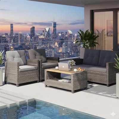 4-Piece All-Weather Wicker Outdoor Conversation Set With Gray Cushions And Solid Acacia Wood Coffee Table For Durable, Comfortable, And Stylish Patio Living.