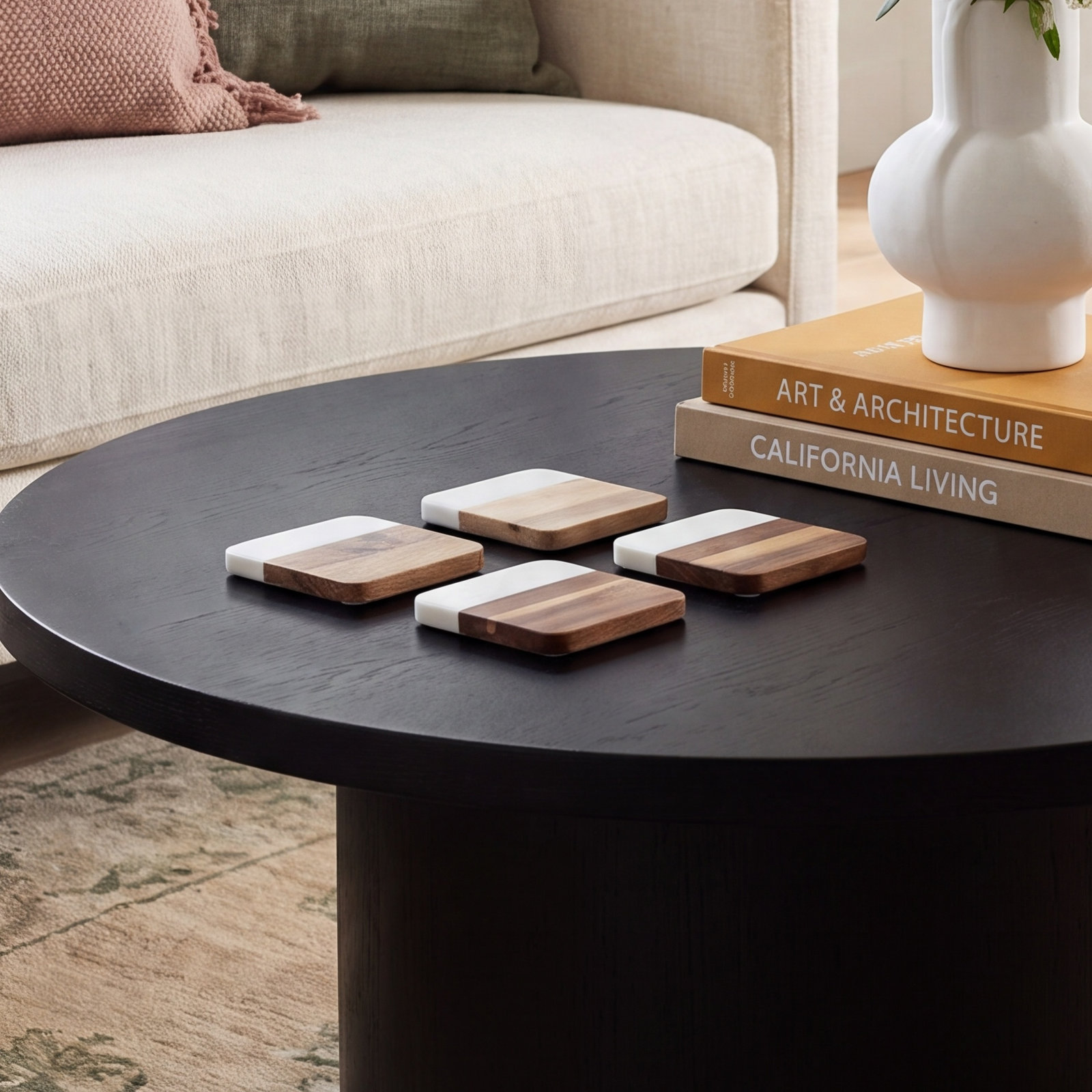 Marble and Acacia Coaster Set