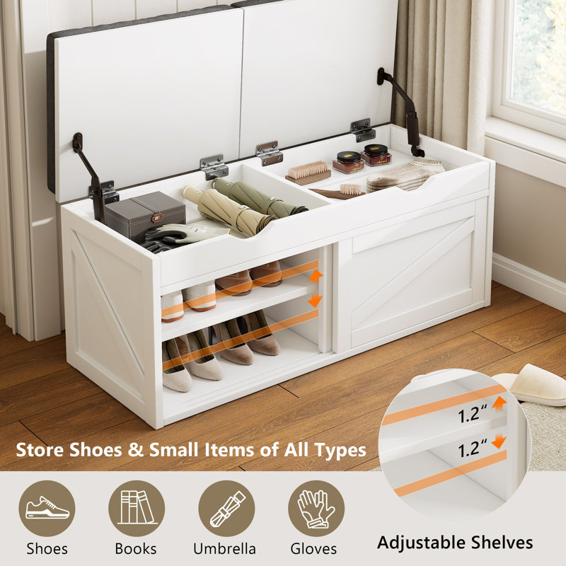  40" Shoe Storage Bench With Cushion, Lift Top Storage & Adjustable Shelf, White Wood