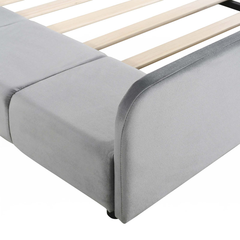 Upholstered Grounded Bed,Mother & Child Bed With Bedside Desk And Little Round Stool, Gray, Full