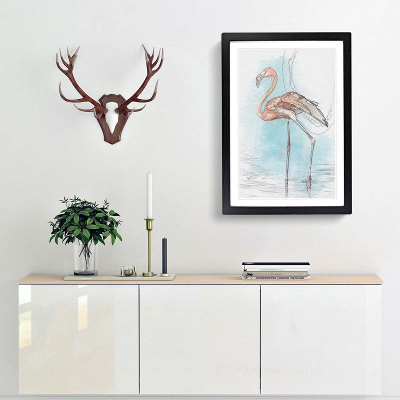 Flamingo Bird in Abstract - Picture Frame Graphic Art Print, 87cm H x 62cm W x 2cm D, Black Framed