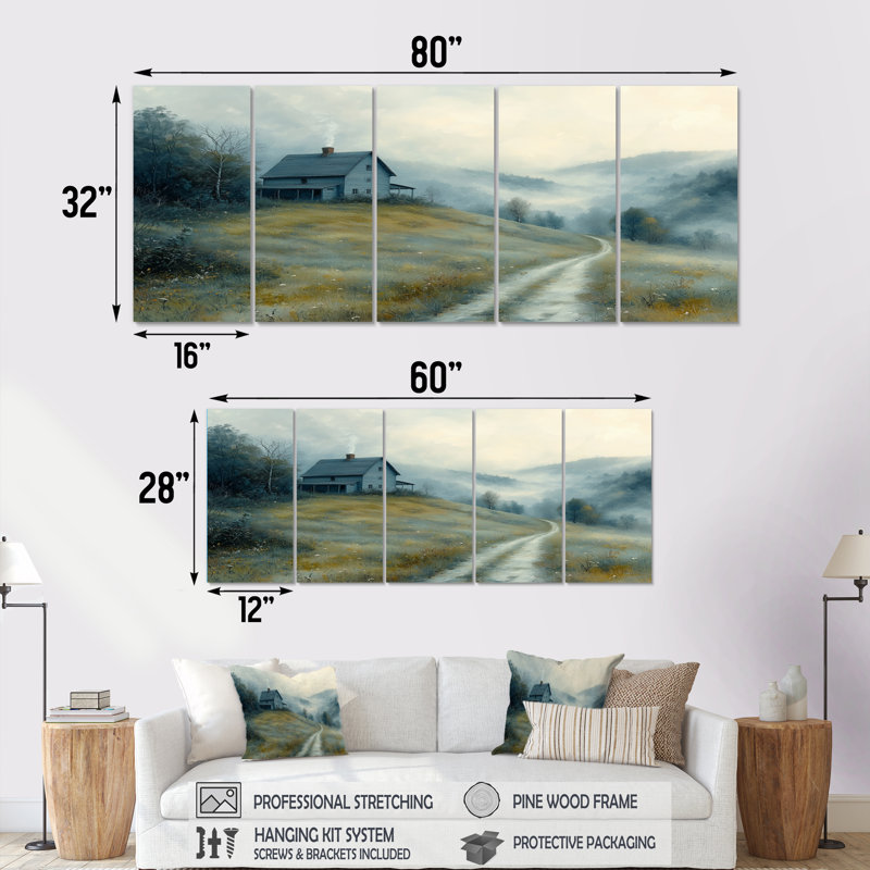 «Blue Green Misty Valley Farmhouse II», ensemble d'art sur toile, H 28 po x l 60 po