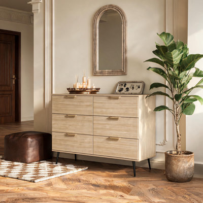 31.9" W Modern 6-Drawer Double Dresser, Natural Oak Finish Chest of Drawers with Gold Metal Pulls & Black Splayed Legs for Bedroom Storage