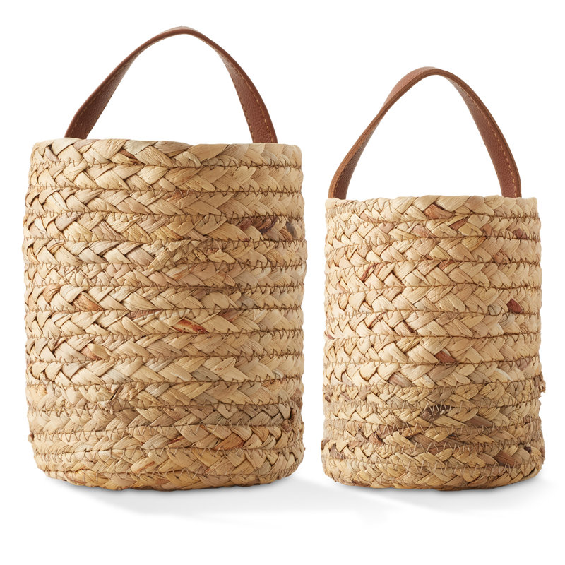 Natural Water Hyacinth Wall Hanging Baskets with Faux Leather Handles