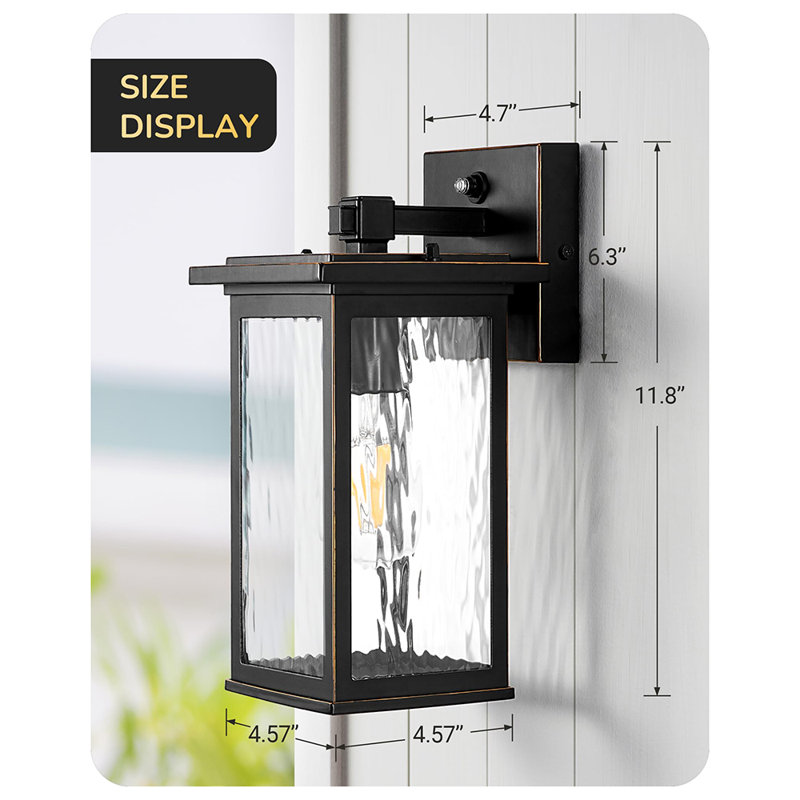 2-Pack Outdoor Wall Lights, Dusk to Dawn Exterior Light Fixture, Modern Porch Light Wall Mount Sconce, Clear Water Ripple Glass, Black Metal Exterior Wall Light