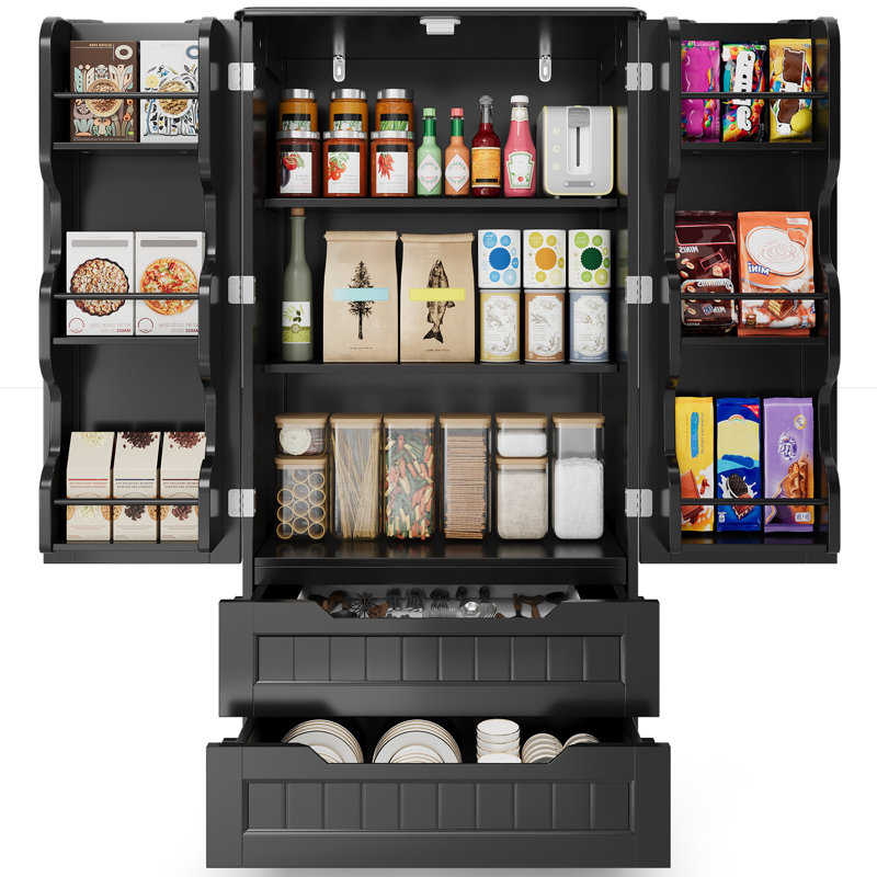 Bayview Elinna 47.2” H Stand Kitchen Pantry with 2 Drawers, 3 Shelves, Black
