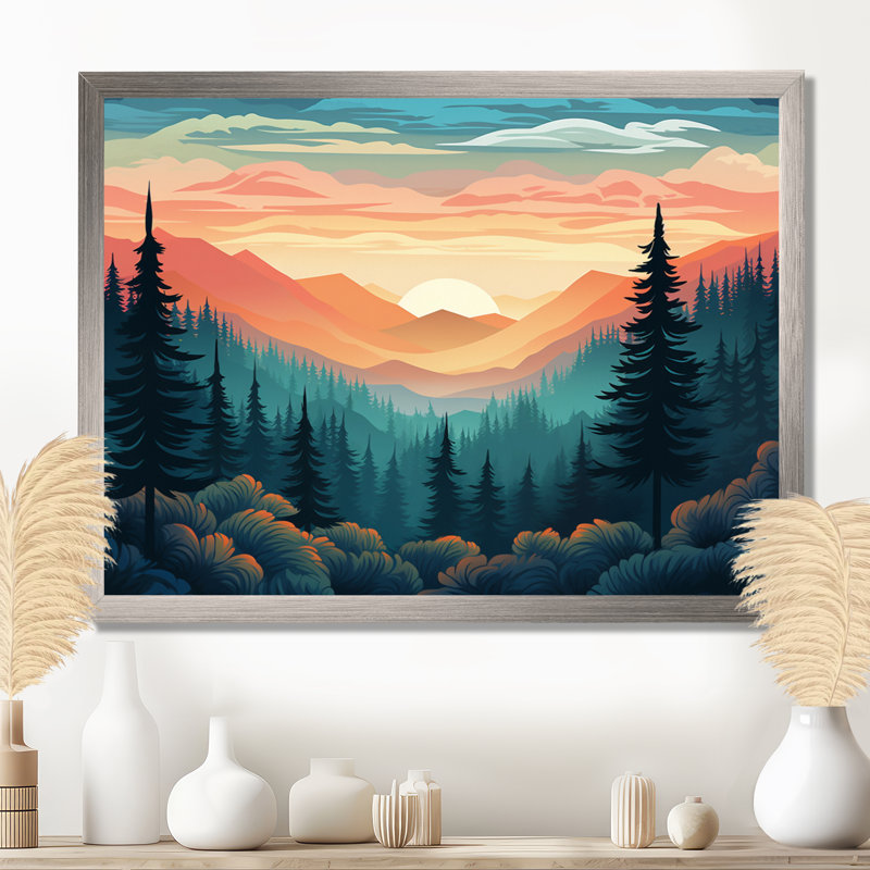 Montagne, rêveries au coucher du soleil sur les arbres de la forêt - montagnes, art mural, 12" H x 20" W