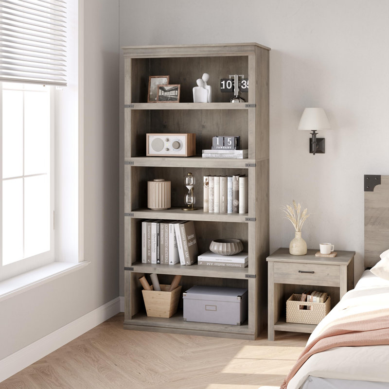 Bibliothèque à 5 niveaux, bibliothèque de 67,4 po de hauteur avec rangement, bibliothèque en bois à 5 tablettes, Gris