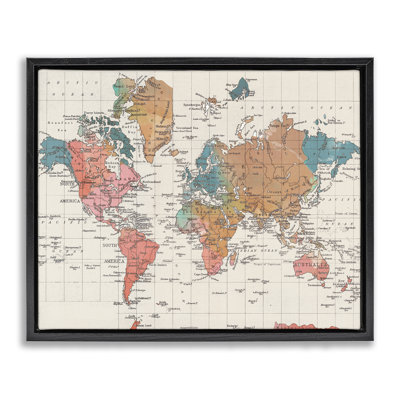 Detailed Boho World Map Jet Black Framed Floating Canvas Wall Art by Elizabeth Medley