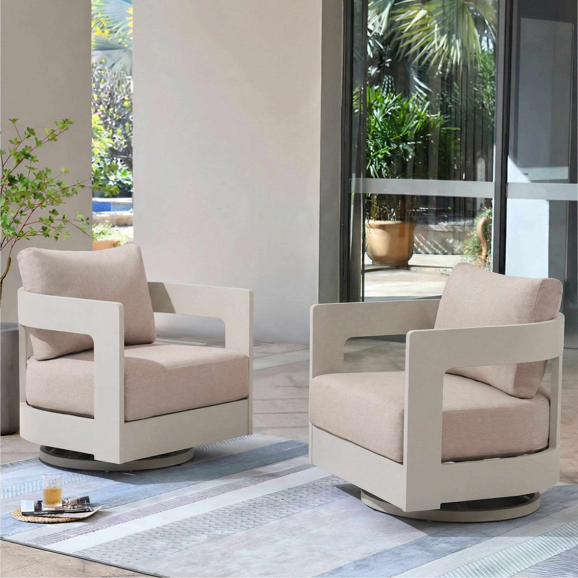 Frances Aluminum Outdoor Swivel Chairs with Sunbrella Cushions (Set of 2), Beige Cushion/White Frame