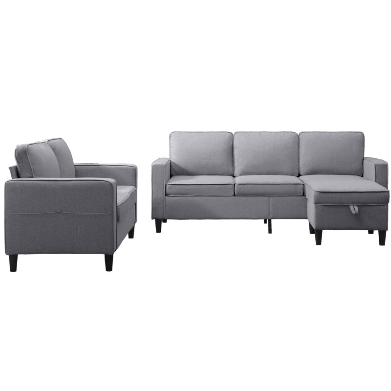 Boneless 3+2 Linen Sofa Set with Storage Ottoman for Apartment, Light Gray