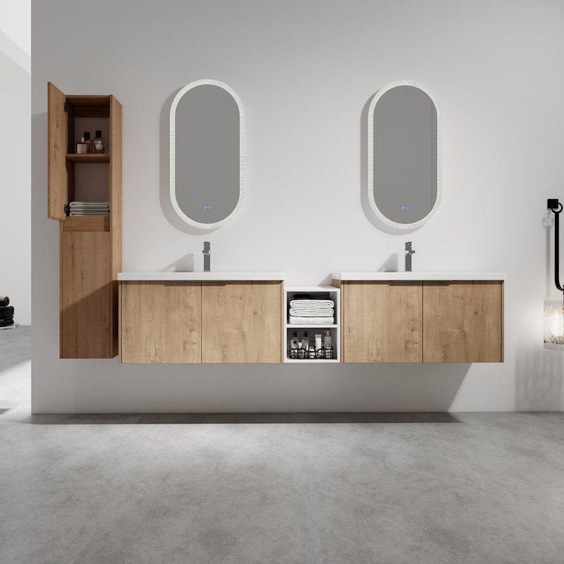 Ensemble de meuble-lavabo double mural 84 po avec lavabo et armoire latérale 84 po