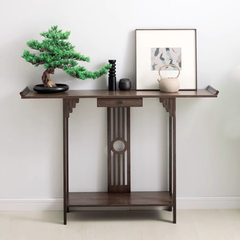 2 Tiers Bamboo Sofa Table With Drawer & Shelf, Walnut-Color Entryway Console Table