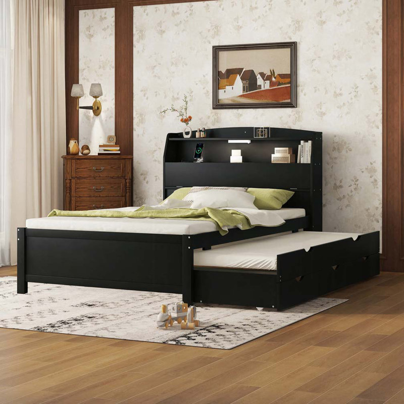 Lit plateforme en bois avec lit gigogne et tête de lit à DEL avec tiroirs, Gris, Simple