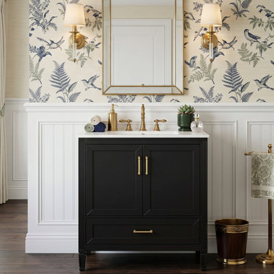 30" Elegant Fluted Freestanding Bathroom Vanity with Integrated Ceramic Sink Top, Solid Wood Legs Single Vanity Storage Cabinet with Double Soft-Close Doors, Door Racks & Bottom Long Drawer, Vintage Gold Hardware (Available in White & Black)
