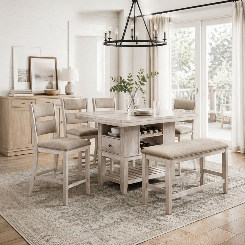Ensemble de salle à manger 6 pièces avec table haute blanche antique, tiroirs de rangement, étagères à vin, banc et 4 chaises rembourrées