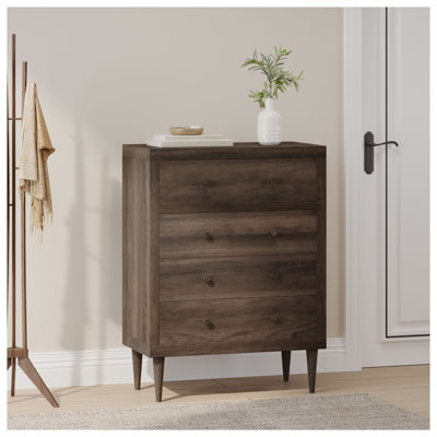 Commode à 4 tiroirs Nordic en finition noyer - Commode de rangement moderne en bois aggloméré de style Mid-Century avec pieds fuselés