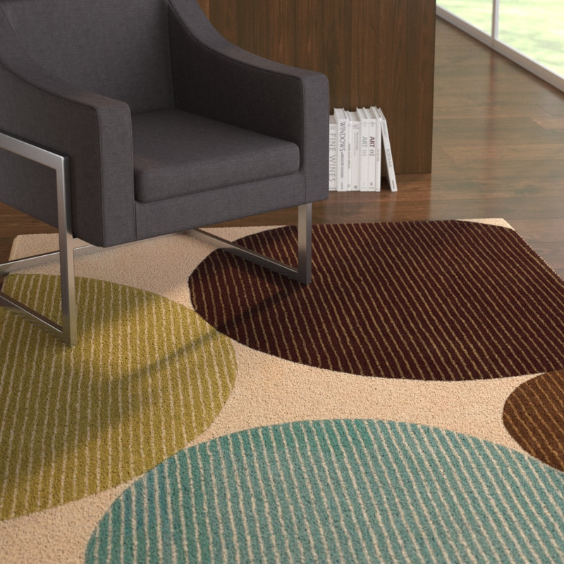 Tapis intérieur en laine beige à motif géométrique touffeté à la main Stickel, Rectangle 5 pi x 7 pi 6 po
