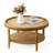 31.3" Round Boho Coffee Table - 2-Tier Storage, Beaded Trim - Rustic
