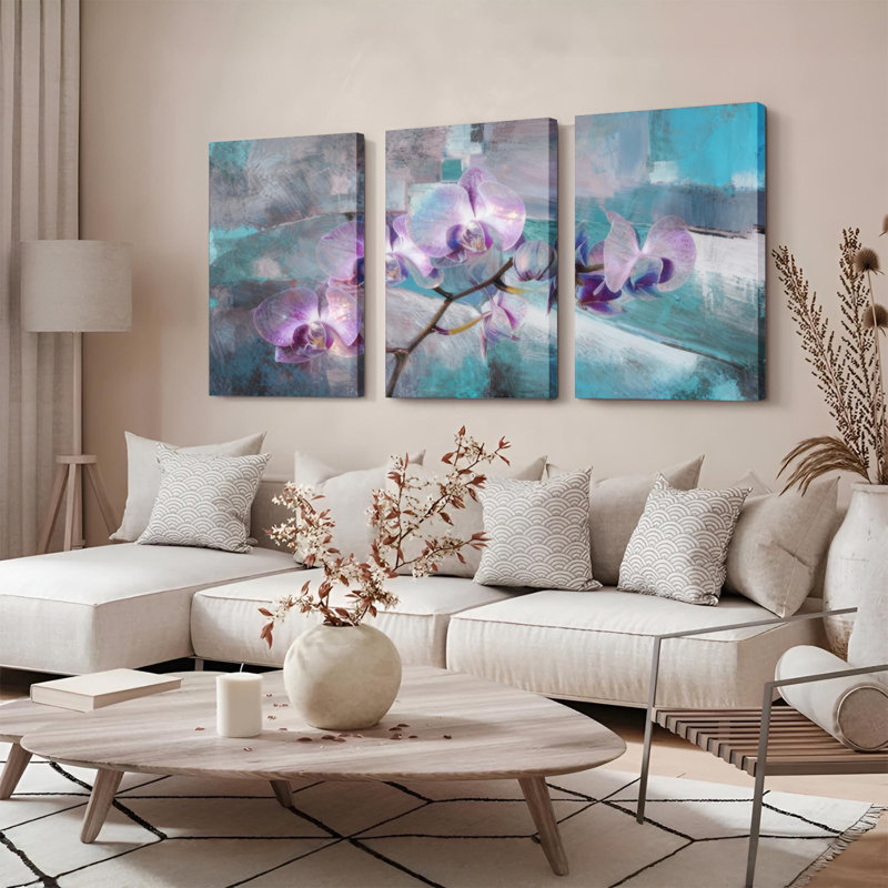Ensemble de 3 tableaux floraux abstraits d'orchidées sur toile tendue, H 30 po x l 60 po