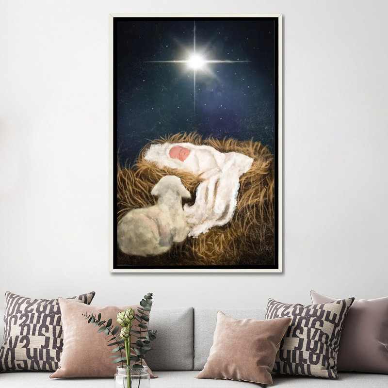 «O Come Let Us Adore him», reproduction d'art sur toile encadrée, Cadre flottant sans passe-partout, Blanc patiné