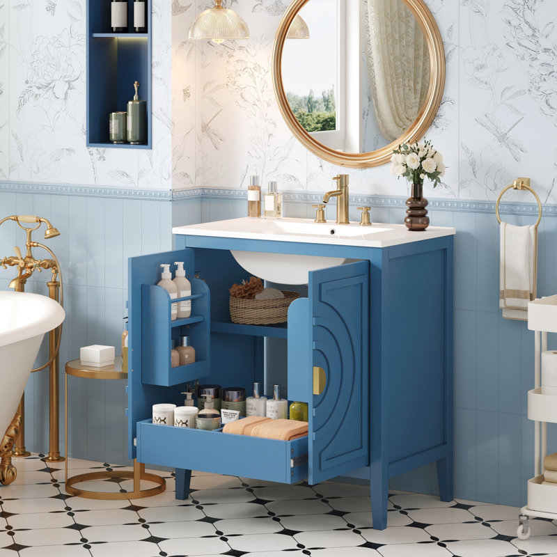 Meuble-lavabo de 30 po avec lavabo d'inspiration Mid-Century, 2 portes à fermeture douce, rangement, 1 tiroir dissimulé, tablette réglable, structure en bois massif, tiroirs coulissants lisses, revêtement bleu rétro 30 po
