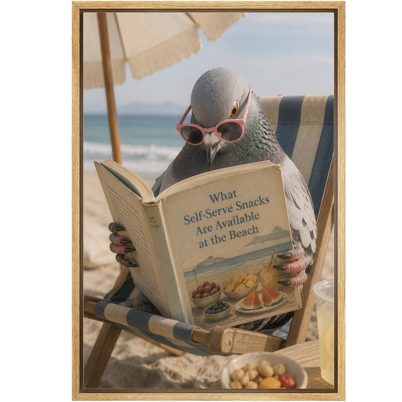 Drôle de plage, pigeon, lecture, collation, guide, toile encadrée, œuvre d'art de la chambre principale, Natural