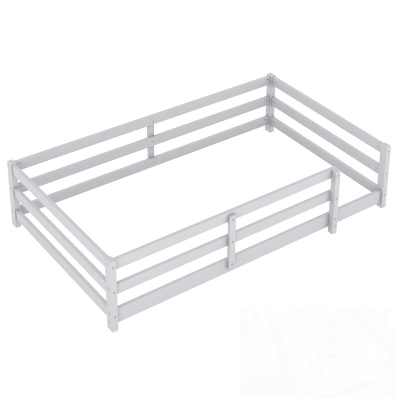 Twin Size Floor Bed With Fence, Gray, Twin
