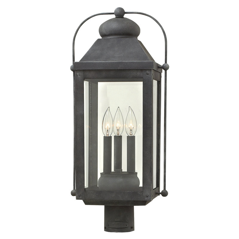 Anchorage Three-Light Heritage Style Outdoor Post Lantern with Clear Glass Panels, Aged Zinc