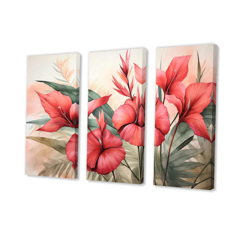 Art mural rétro de plantes tropicales corail - fuchsia, Toile tendue, H 28 po x l 36 po x P 1 po