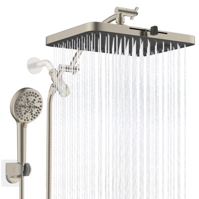 Certified High Pressure 13-inch Rainfall Shower Head/ Handheld Shower Combo with 10-setting Handheld Sprayer, 12-inch Curved adjustable curved extension arm, 71-inch Stainless Steel Shower Hose, Brushed Nickel