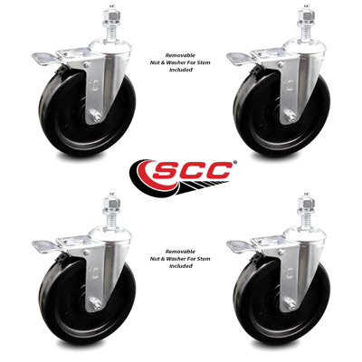 6 Inch Phenolic Swivel ½ Inch Threaded Stem Caster Set with Total Lock Brake SCC