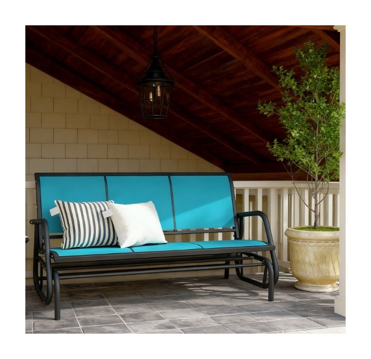 Banc de patio extérieur bleu et gris à 3 places avec structure en métal - Balancelle de 57,6 po