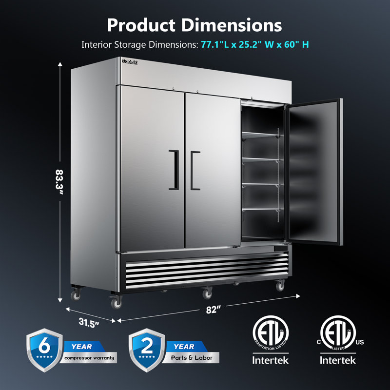 Coolski Commercial Freezer 3 Doors, 82 Inch Reach-in Upright Freezer For Restaurants Bars Bakeries Stores Garages, -13 To -5℉ Temp Control 72 Cu.ft Auto Defrost Fan Cooling, Etl Nsf Approved