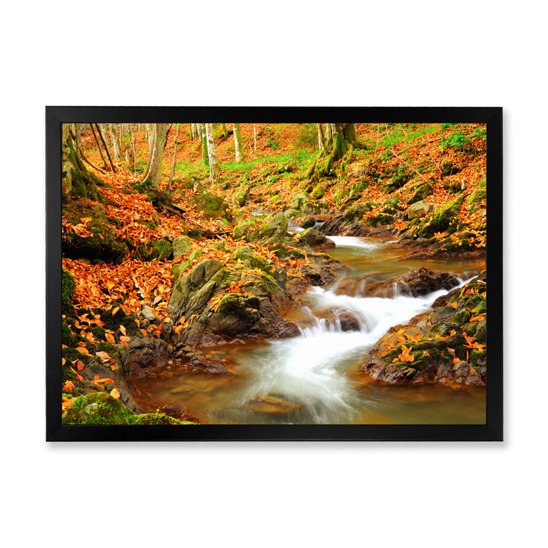 «Beautiful Autumn Forest River II», art mural traditionnel sur toile, H 34 po x l 44 po x P 1,5 po, Cadre photo noir