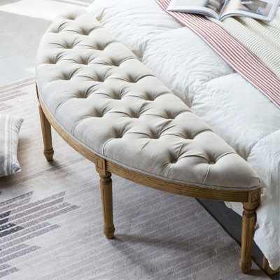Banc semi-circulaire en lin et coton, style campagnard américain, en chêne vieilli, pour salon et chambre.