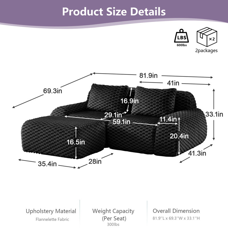 82" Modern L-Shaped Modular Sectional Sofa with Ottoman, Flannelette Fabric 2-Seater Boneless Couch for Living Room, Anti-Slip Buckle Connection & No Assembly Required