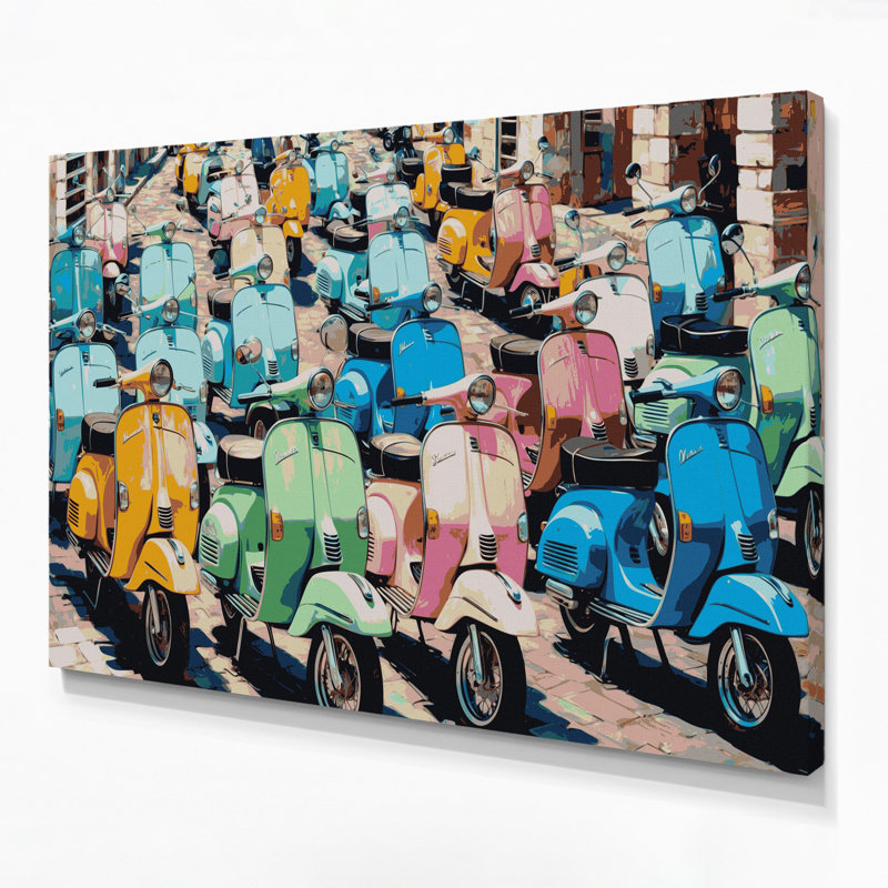 Transportation Scooter and moped illustrations Beige Canvas Wall Art, H 20 po x l 24 po