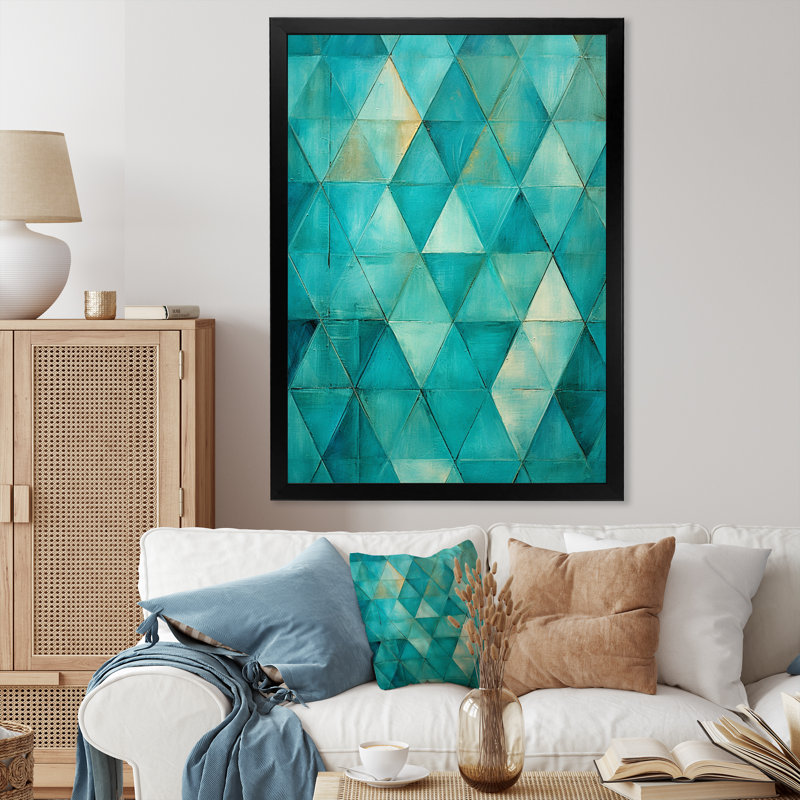 Turquoise Triangles I - formes abstraites, art mural, salon, H 40 po x l 30 po x P 1,5 po, Cadre photo noir simple