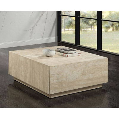 Lory Coffee Table, 35 Inch Square Travertine Top, Natural Wood Beige