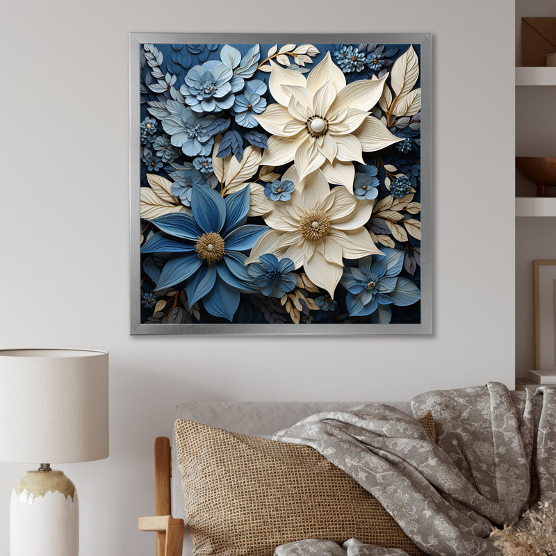 «White and Blue Poinsettias Blooming Brush IV» sur impression sur toile, Cadre simple argenté, H 16 po x l 16 po x P 1 po