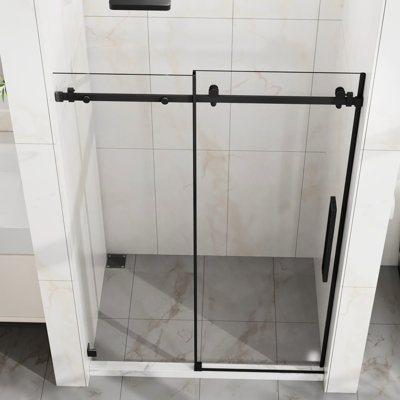 Porte de douche coulissante en verre trempé de 6 mm, l 48 po, conception réversible, technologie anti-éclaboussures pour verre de salle de bain noir mat 1/4 po (6 mm) et lisse