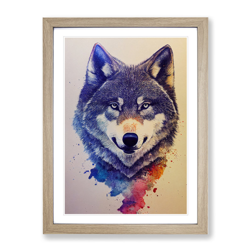 Painted Wolf No.6 - Wall Art, 34cm H x 25cm W, Oak Framed, White