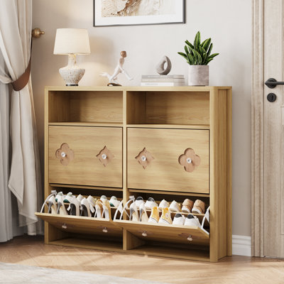Armoire à chaussures moderne à 4 tiroirs rabattable avec boutons en diamant élégants, organisateur de rangement de chaussures caché mince avec séparateurs réglables pour entrée étroite et couloir naturel